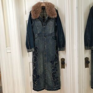 NWT Delia’s Denim Maxi Coat with Faux Fur Collar Embroidered roses Boho Beauty